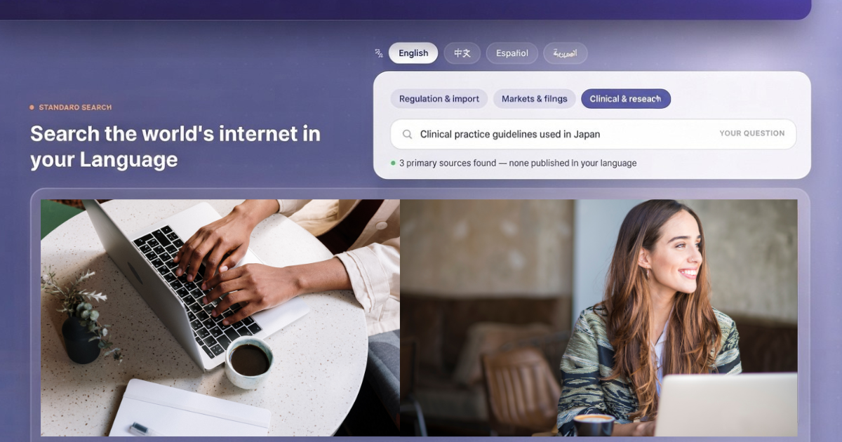 Der Factdock-Bildschirm: das weltweite Internet in der eigenen Sprache durchsuchen